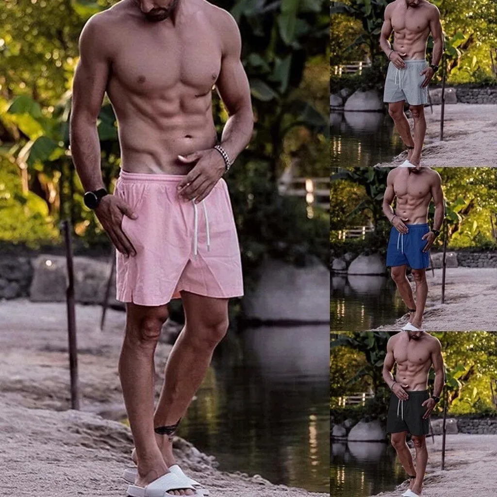 

Men's Summer Fashion Causal Slim Fit Sport Solid color Shorts S-2XL Drawstring pink Breathable Beach Party loose Plus size short