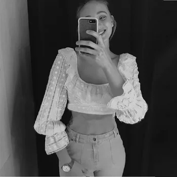 

Ruffles Square Collar Sweet Lace Short blouses 2019 Spring New high street women Cute puff sleeves top ladies blusas