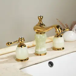 Роскошный золотой латуни натурального нефрита Ванная комната раковина кран Золотой Книги по искусству бассейна Смесители тремя