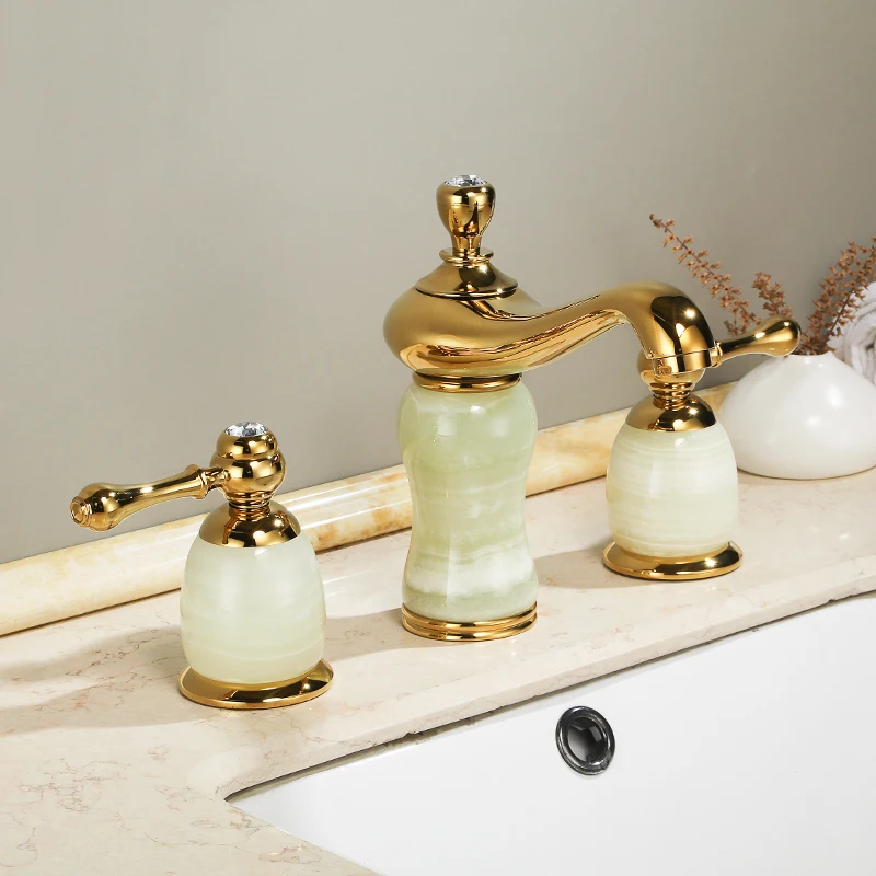 Luxury Gold Brass Natural jade Bathroom Sink Faucet Golden Art Basin