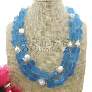 

N102905 23''-26'' 2 Strands White Keshi Pearl Blue Quartz Rough Necklace
