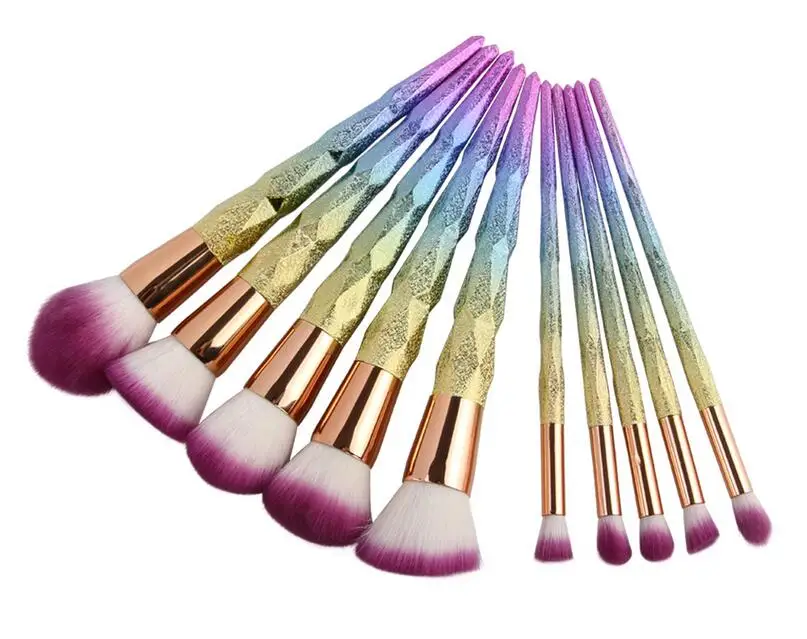 

2017 Fashionable 10pcs Mermaid Rainbow colored handle and Purple Bristle Makeup Brushes Unicorn Brushes Cosmetic Brush