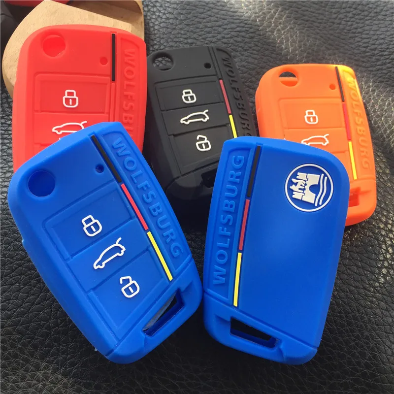 

Silicone rubber car key case cover shell for VW Polo 2016 2017 Golf7 MK7 Tiguan 3 button key case with WOLFSBURG logo