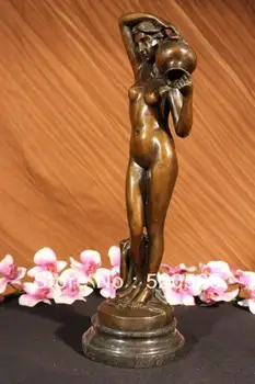 

Genuine Bronze Metal Statue Marble Base Greek Lady Girl Water Jug Vase Sculpture