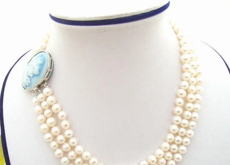 

FREE SHIPPING HOT sell new Style >>>> 3Strds White Round Pearl Necklace-Cameo Clasp