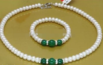 

free shipping $wholesale_jewelry_wig$ 7-8MM White Akoya Cultured Pearl Green Beads Necklace 18" + Bracelet Set