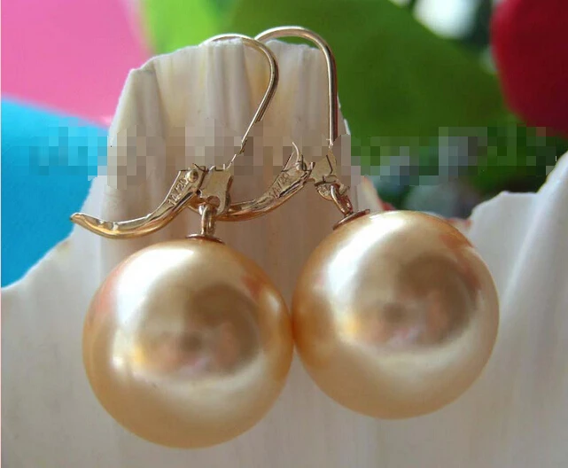 

Natural 16mm Round Golden Sea Shell Pearl Earrings 14KGP