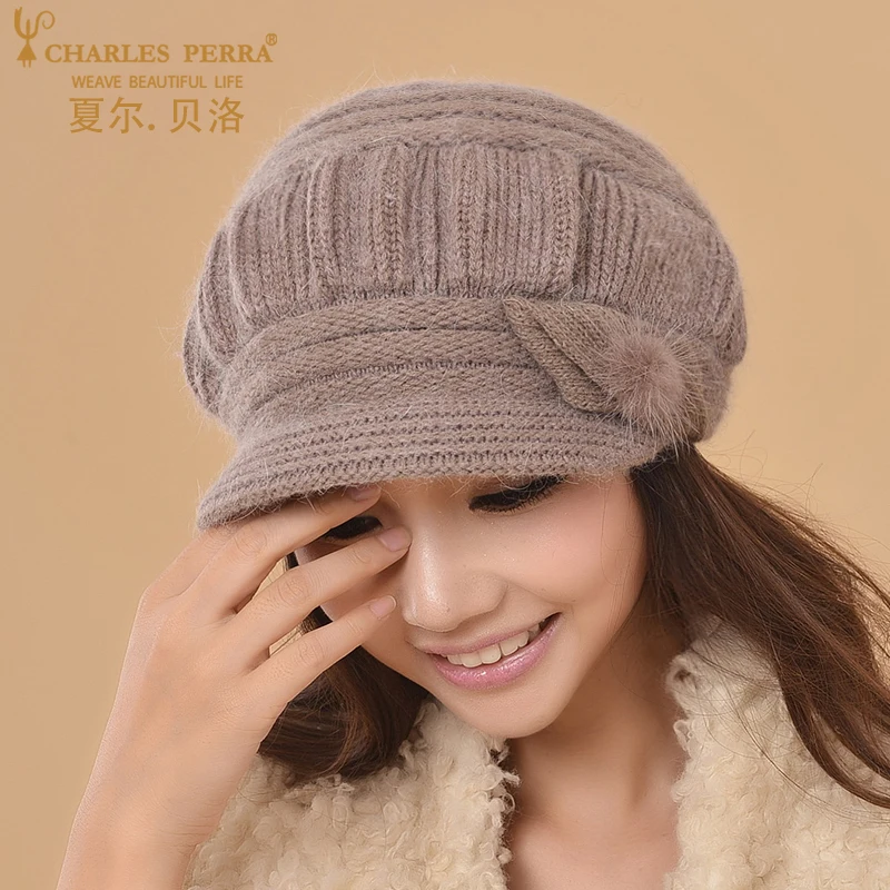 Charles Perra Women Knitted Hats Winter Thicken Double Layer Ear Protection Casual Wool Women's Hat Warm Female Beanies CD63