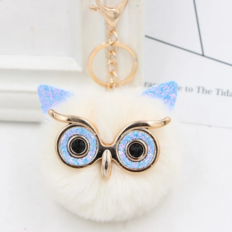 

12PCS Fluffy Rabbit Fur Owl Keychain Women Cute Girls Pompom Owl On Bag Car Trinket Female Jewelry Wedding Party Gift