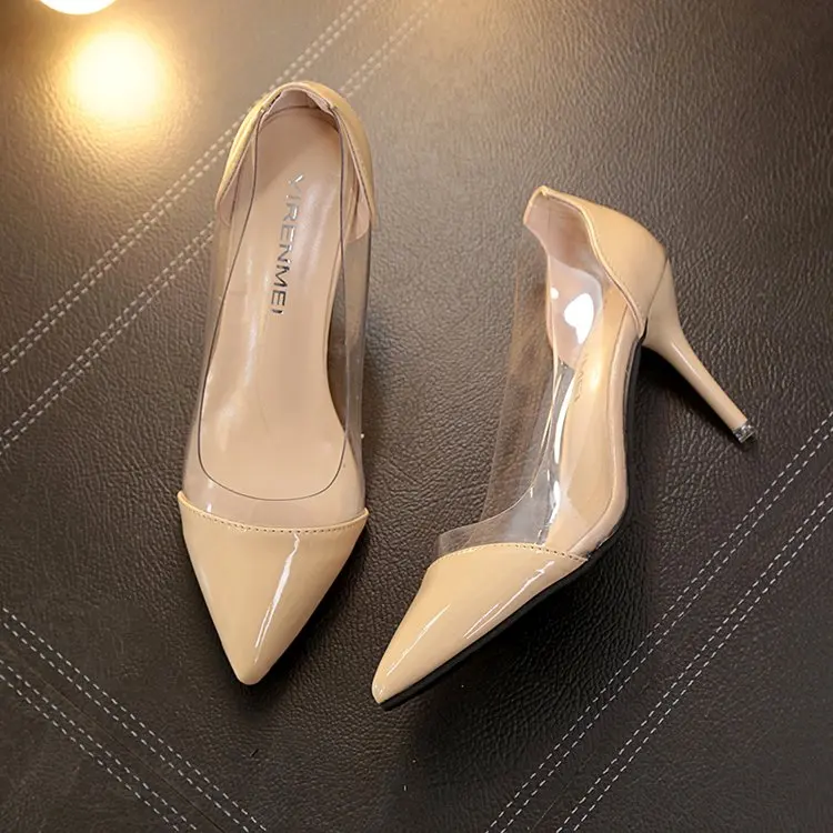 Новые модные женские туфли-лодочки г. Пикантные прозрачные туфли на высоком каблуке 8 см, с острым носком, без шнуровки, свадебные вечерние женские туфли, T47