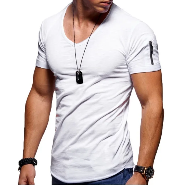 2022 New Men's V-neck T-shirt Fitness Bodybuilding T-shirt High Street Summer Short-Sleeved Zipper Casual Cotton Top white
