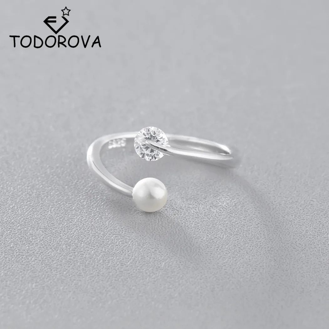 Todorova White Round Simulated Pearl Bead Tiny Rhinestones Crystal Rings for Women Adjustable Wedding Ring Silver Jewelry