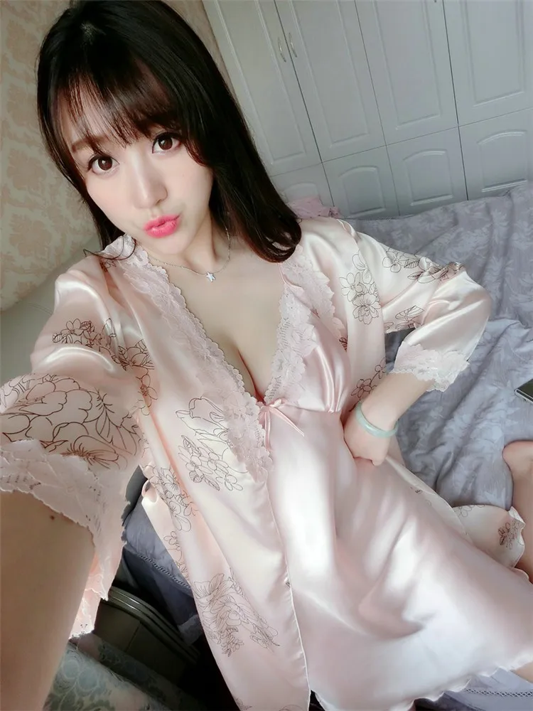 Летний стильный сексуальный женский комплект для сна,, шелковая атласная Вышивка, цветочный халат, ночная рубашка+ ночной комплект