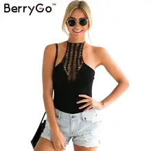 BerryGo Summer sexy hollow out black bodysuit Women halter tops beach backless blouse female Cotton sleeveless jumpsuit rompers