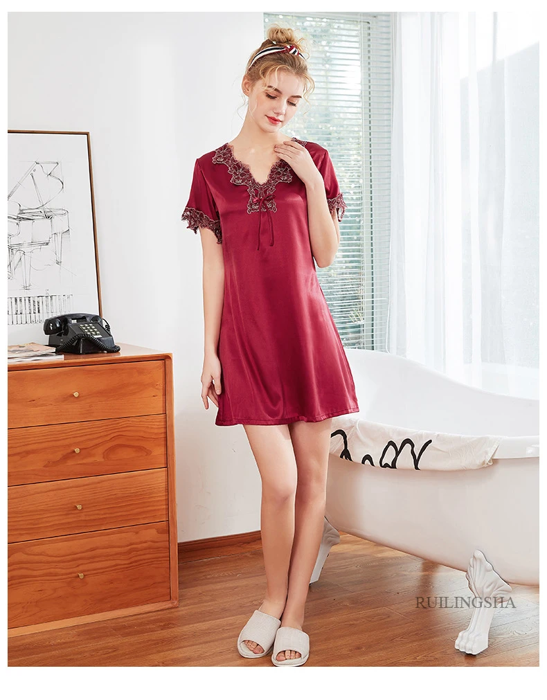 Женское Короткое сексуальное кружевное нижнее белье шелковая одноцветная одежда для сна с коротким рукавом ночная рубашка атласная ночная рубашка женское Белье для сна платье