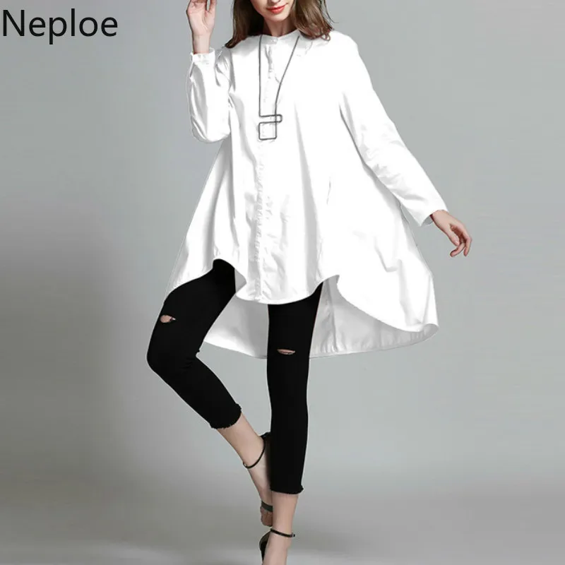 Neploe однотонная женская блузка лето новые рубашки с длинными рукавами и круглым вырезом свободные нерегулярные женские топы 44587