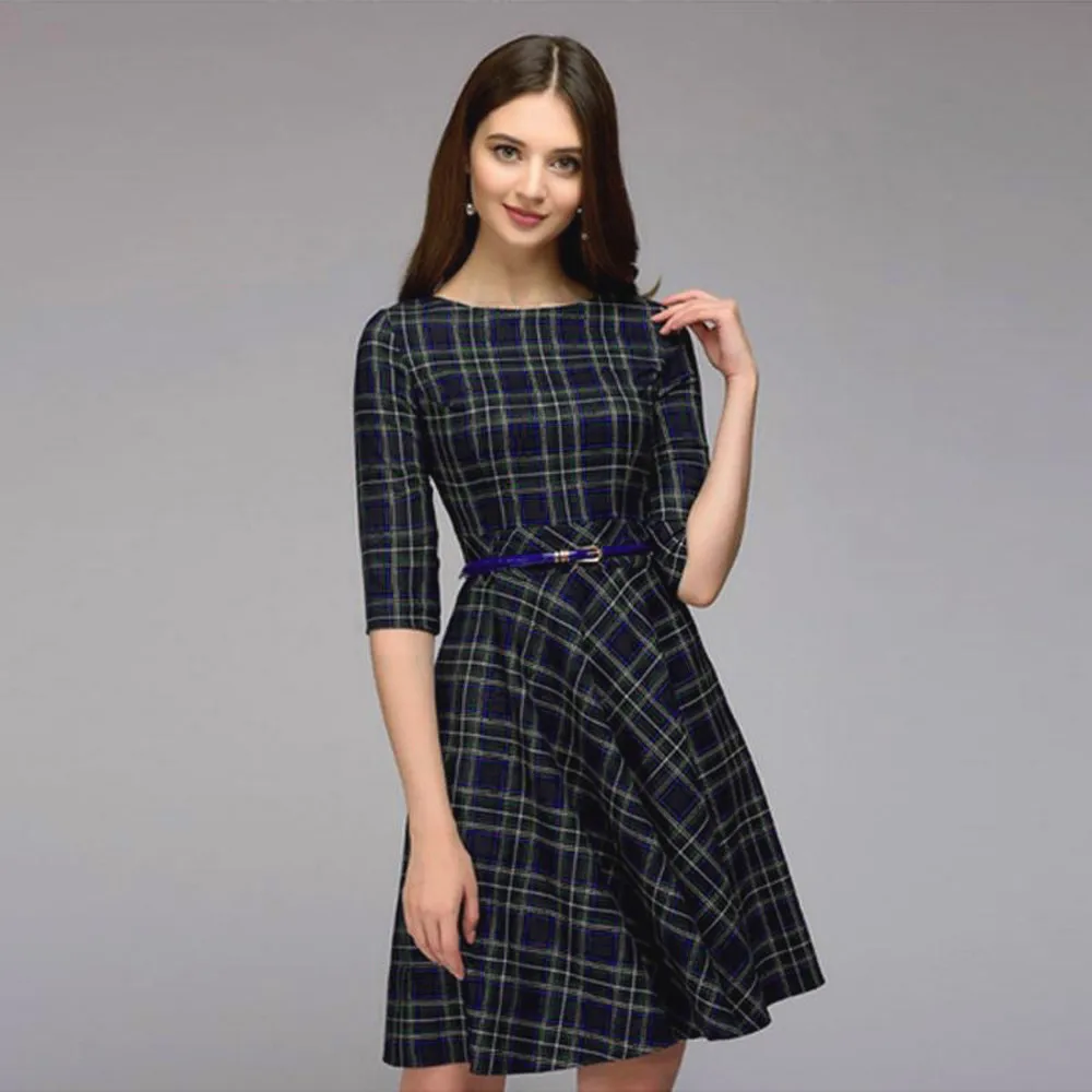 Синий Womens Plaid Vintage Casual dresses woman party night Half Sleeve Stretchy Work Office Knee Length Dress - Цвет: Синий