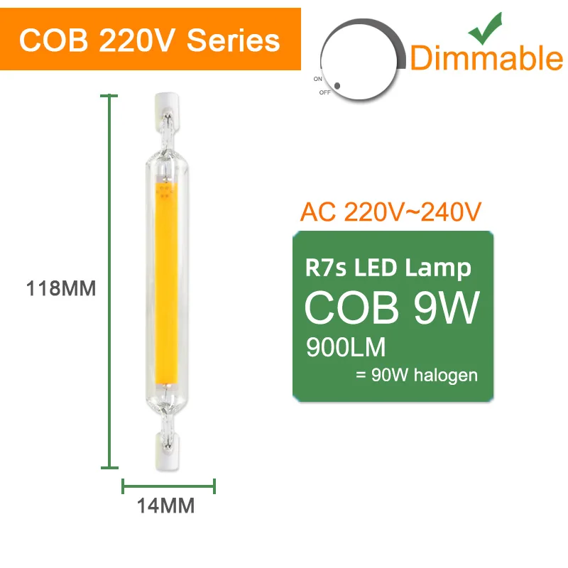 Kaguyahime R7s светодиодный COB лампа 110 В 220 В 78 мм 118 мм 135 мм диммируемая лампа SMD 2835 Замена галогенного света Светодиодный прожектор R7S лампа - Испускаемый цвет: COB 118mm 220V 9W