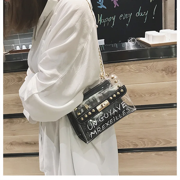 Womens Candy Color PVC Transparent Crossbody Bag 2pcs sets Rivets Letter Print Messenger Bags Fashion Girls Clear Chain Tote bag (15)