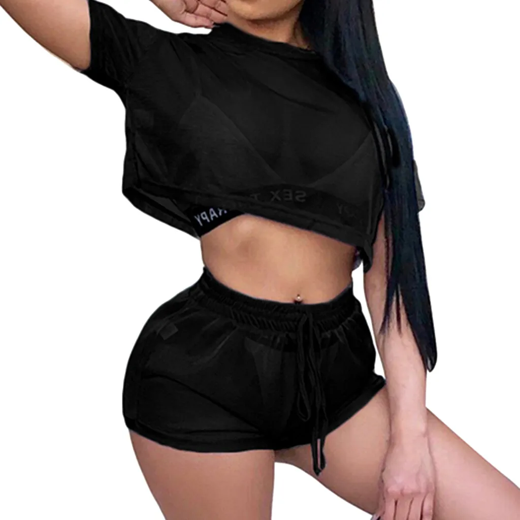 

Sexy Reflective Pants Women Two Piece Set Solid Short Sleeve Crop Top Women Suits Summer Style Biker Shorts