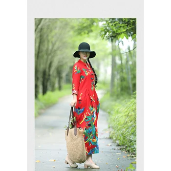 

2019 New Vintage Women Maxi Floral Dress Plus Size Long Sleeves Pockets Cotton Linen Loose Robe Dresses Vestidos PP-159