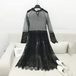 [GUTU] 2017 Korean Version Of The New Spring Long Ride Within The Long Sleeve Perspective Lace Dress A00460