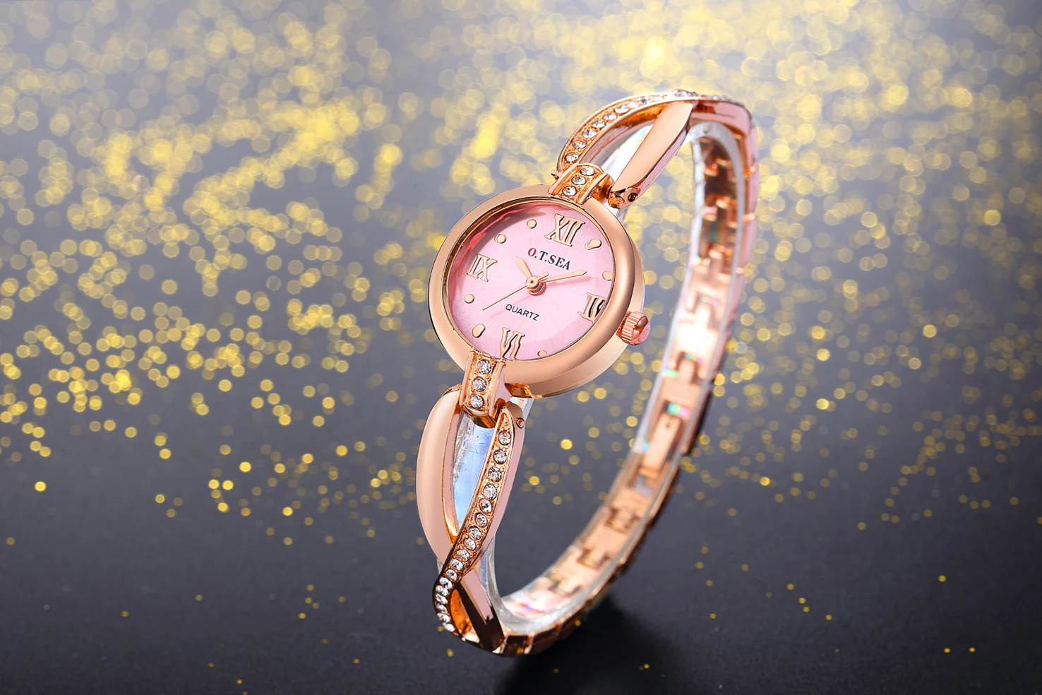 Горячая O. T. SEA бренд розовое золото браслет женские наручные часы Кристалл платье кварцевые наручные часы Relogio Feminino OTS064