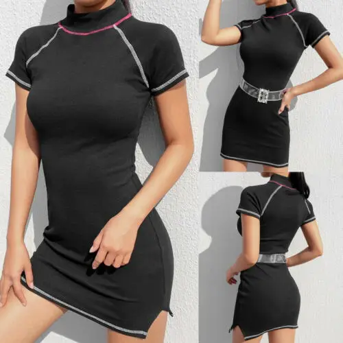 

Women Short SleeveHoliday Irregular Fitness Fashion Dresses Casual Chic Ladies Summer Beach High Neck Party Mini Dress