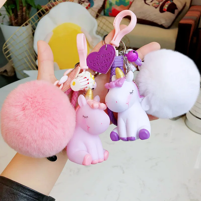 

Cute Cartoon Unicorn Doll Keychain Keyring Pompom Rabbit Fur Ball Key Chain for Women Bag Purse Charms Car Pendant Jewelry