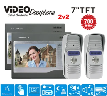 

ZHUDELE Wired Video Door Phone System Two 7" Color Monitor Two 700TVL Outdoor Doorbell Camera Waterproof Auto- IR Night Vision