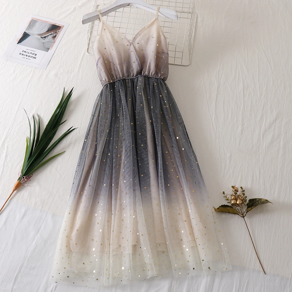 

new korean Women's Clothing v-neck Gradient star sequined bling party dress Women sexy mesh spaghetti strap ball gown dresses