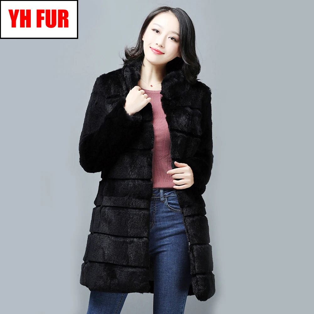 

2019 Women Autumn Winter Real Rabbit Fur Jacket Long Style Mandarin Collar Warm Rabbit Fur Coat Real Rex Rabbit Fur Overcoat