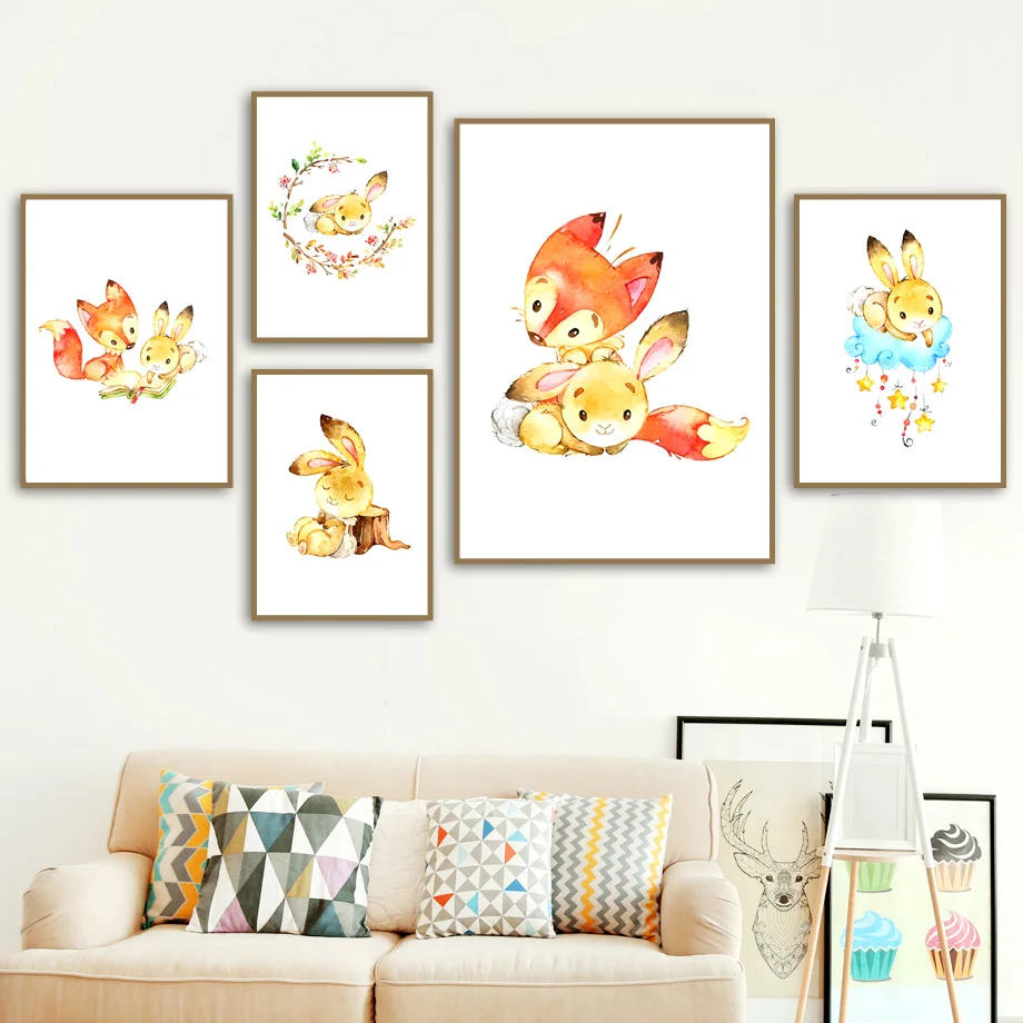 

Rabbit Fox Plant Cloud Star Cartoon Animal Wall Art Canvas Painting Nordic Posters And Prints Wall Pictures Baby Kids Room Decor