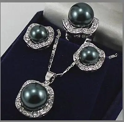 

Hot sell Noble- hot sell new - Fashion jewelry Silver Black Shell Pearl Pendant Earring Ring Set AAA style 100% Natural jade Nob