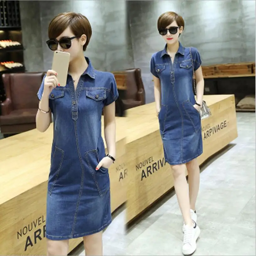 Summer Denim Dress Vestidos Women Slim Casual Vintage Short Sleeve Jeans Denim Dress 2018 New Fashion Dresses Plus size AH104