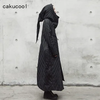 

Cakucool Dark Black Women Winter Parka X-Long Cotton Liner Coat Loose Large Wide Witch Hat Design Thin Parkas Outerwear Female