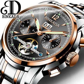 

BINKADA sports tourbillon automatic mechanical brand watch waterproof men leather strap watches luxury full steel relogio clock