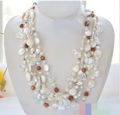 

ddh003395 NICE 5row white coffee baroque coin freshwater crystal bead pearl Necklace