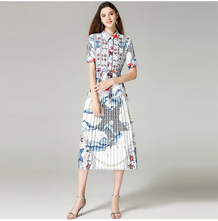 

S-3xl2022 Spring And Summer New Fashion Casual Vacation Short-sleeved Lapel Tie Abstract Print Pleated Dress High Quality