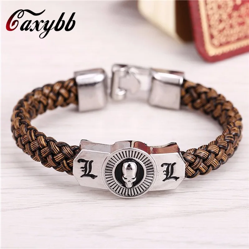 

2016 New MOSU Hot anime Death Note Silver Alloy Bracelets Leather Woven Punk Bangle cosplay jewelry can drop shipping