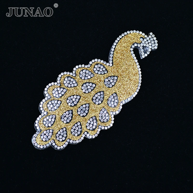 Gold Peacock Hotfix Rhinestones Motifs Iron On Patches Heat Transfer