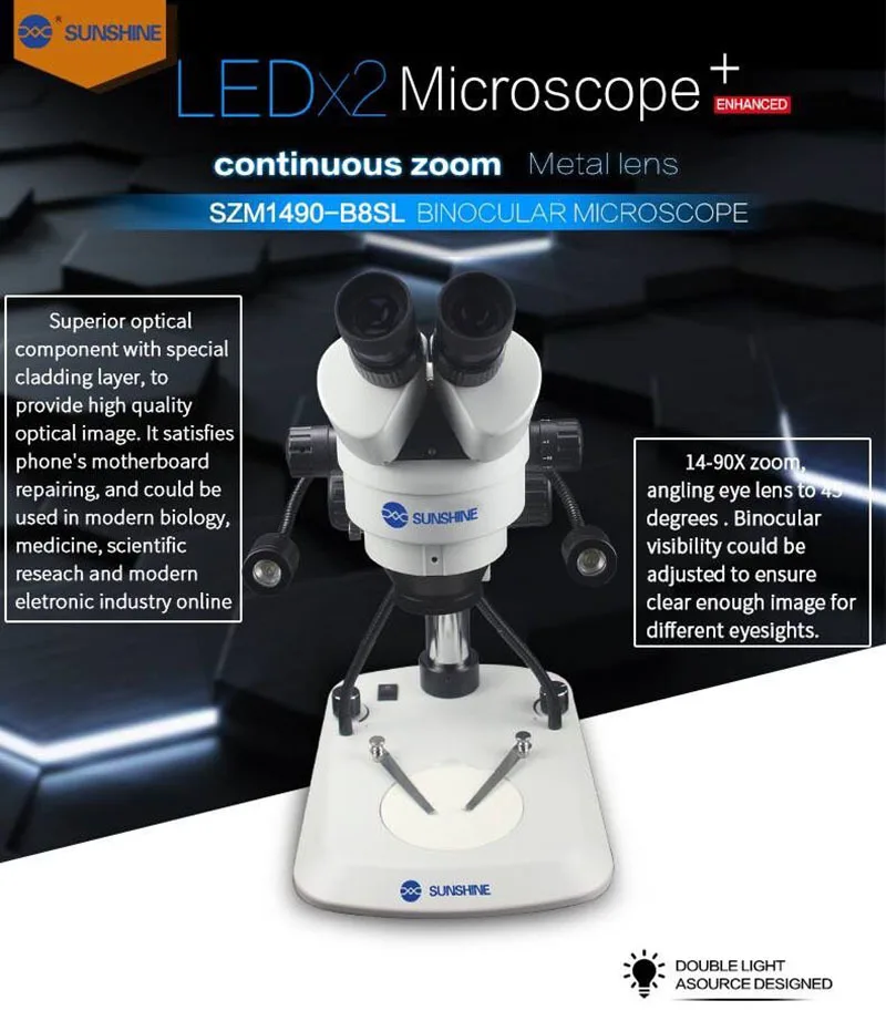 

Binocular SUNSHINE SZM1490-B8SL14X-90X Continuous Zoom Stereo Microscope For Mobile Phone Mainboard Repair Tool