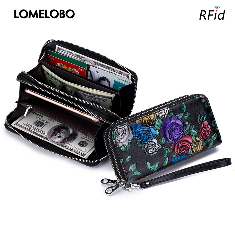 

Lomelobo Hand Painted Lady Wallet Long Split Leather Flowers Women Cute Purse Girls Business RFID Card Holder portomonee HPL8349