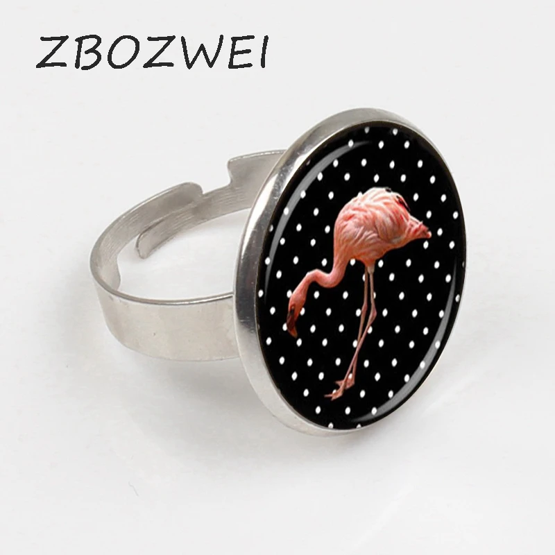 

Wholesale Glass Dome pendant hot sale flamingo pendant handmade polk a dot round glass dome bird Ring,fashion jewelry gift Ring
