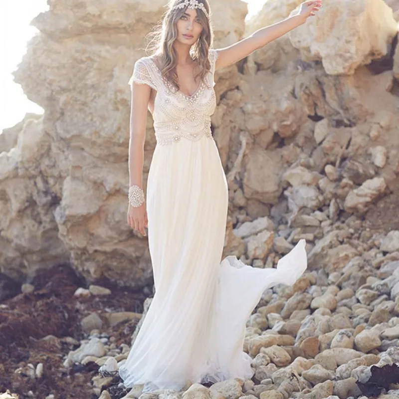 Chiffon Summer Beach Wedding Dresses Short Sleeve Plunging V Neck Pearl