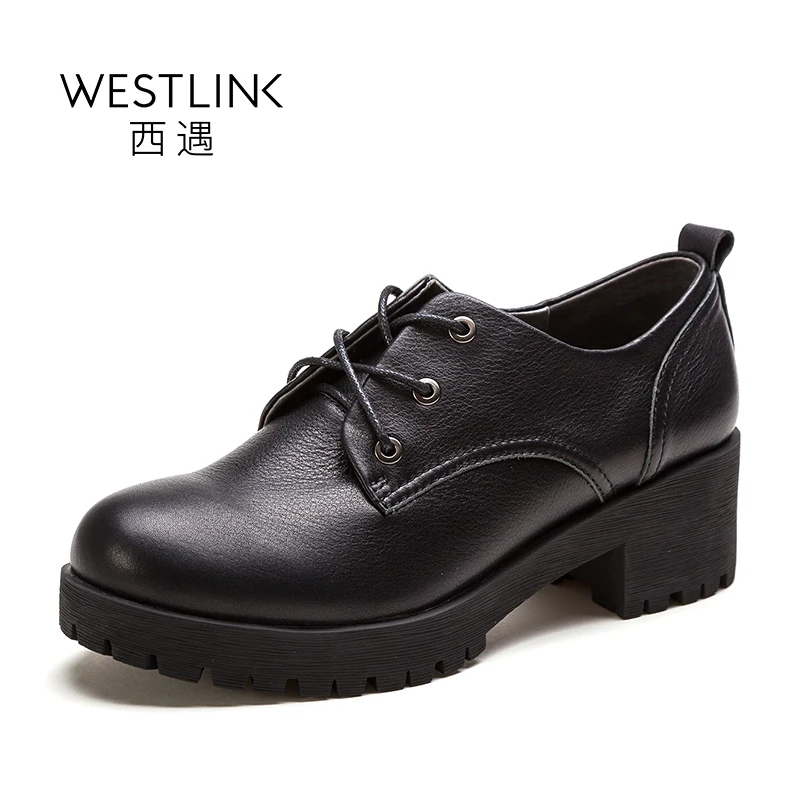 

Westlink 2017 Spring New Top Layer Leather Cow Round Toe Lace-up Deep Wedge Thick Heels Fashion Women Shoes Black