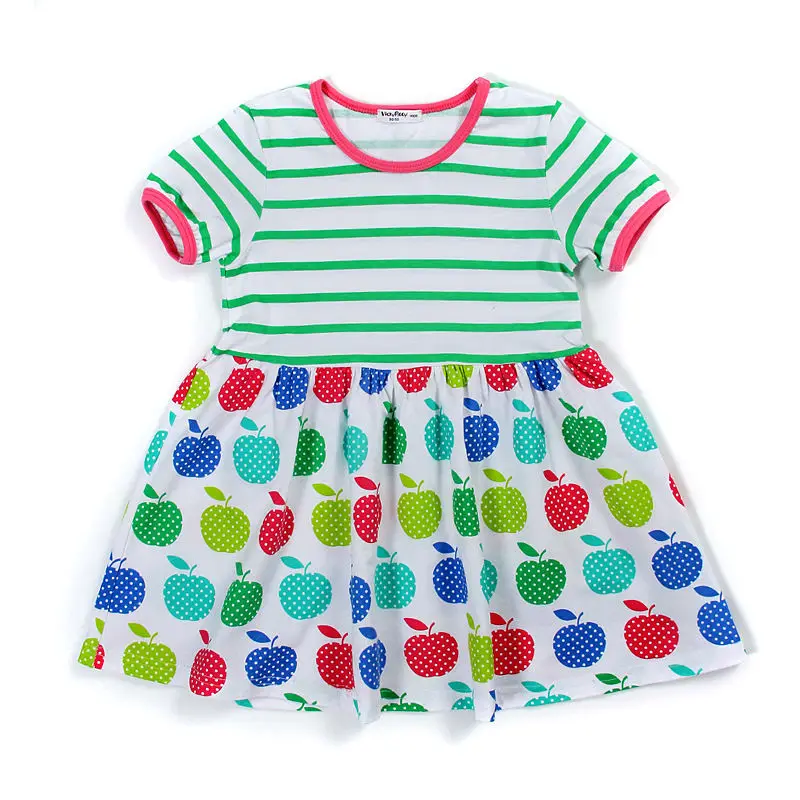 Summer girls striped dresses, princess dress printed colorful apples