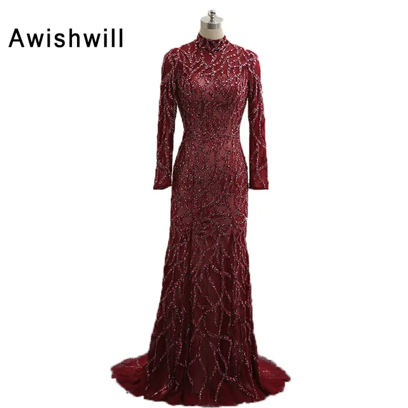 

Vestido de Noche Largo High Neck Open Back Handmade Beadings Long Sleeve Evening Dress Red Carpet Party Dresses Long Luxurious