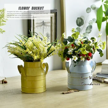 

American Village Iron Retro Double Ear Round Drum Multicolor Vase Flower Cabinet Flower Artificial Flower Set