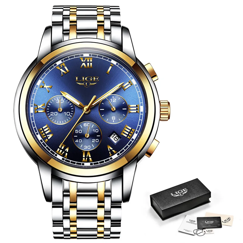LIGE мужские часы Топ люксовый бренд полная сталь водонепроницаемые спортивные кварцевые часы для мужчин модные часы с хронографом Relogio Masculino - Цвет: Gold blue S